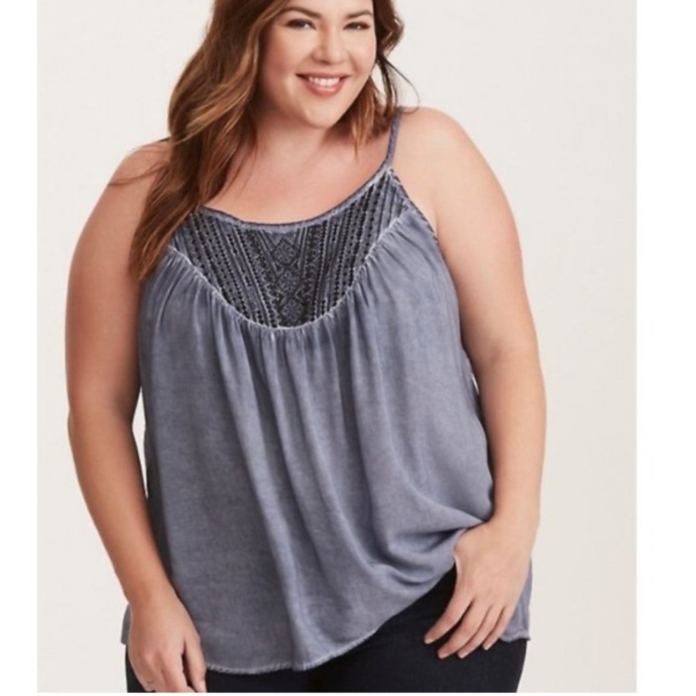 NWT Torrid Gray Embroidered washed Challis Cami Top
